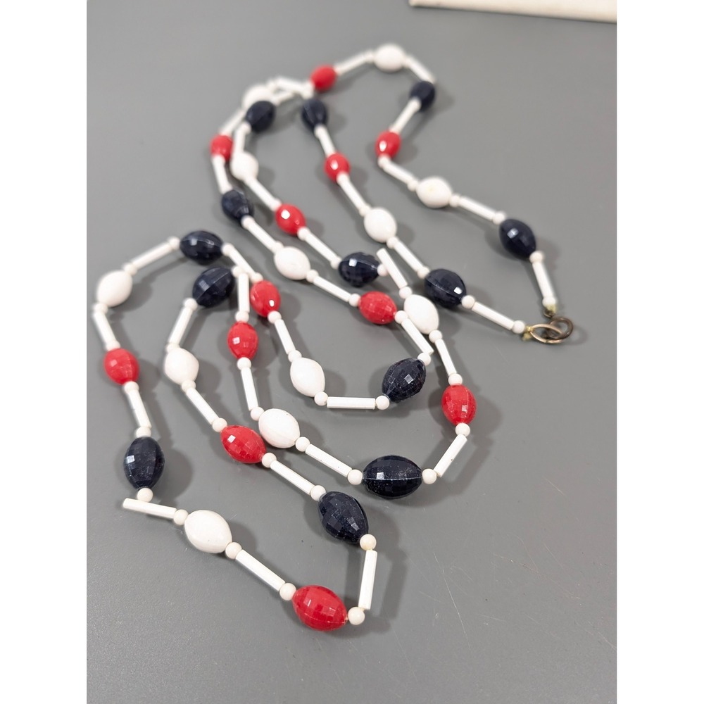 Vintage 56" Red White Blue Faceted Lucite Bead Necklace Extra Long